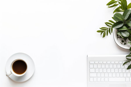 Effortlessly Chic: Inspiring Minimal Workspace with Keyboard, Notebooks, and Coffee Cup on White Backgroundの素材