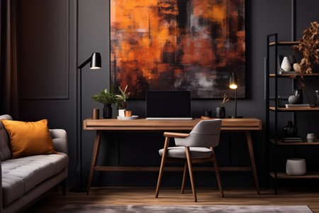 Modern Minimalist Home Office: Chic Sofa, Artful Paintings, and Stylish Wooden Desk with an Elegant Black Screen Computer Set-up in a Grey Interiorの素材