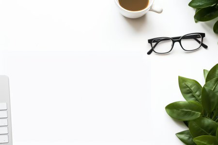 Efficiently Organized: Inspiring Flat Lay Office Desk with Keyboard, Notebooks, and Coffee Cup on a Clean White Backgroundの素材