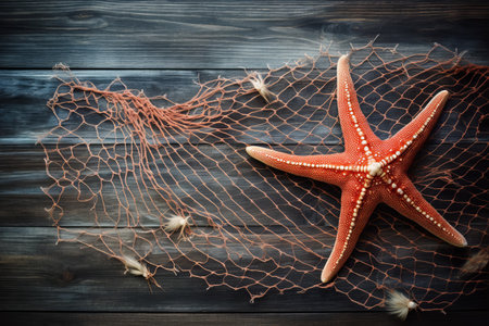 Captivating Contrasts: A Starfish Embellishes a Marine Net Against a Rustic Wooden Canvasの素材