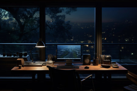 Embracing the Night: A Sleek and Stylish Modern Home Workspace Illuminated by City Lightsの素材