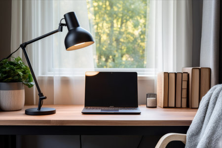Elevating Workspace: A Stunning Home Office with a Black Chair and Monitor, Illuminated by a Radiant Lampの素材