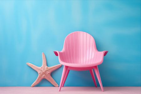 A Vibrant Coastal Delight: Blue Chair, Starfish, and Surfboard on a Pink Backgroundの素材