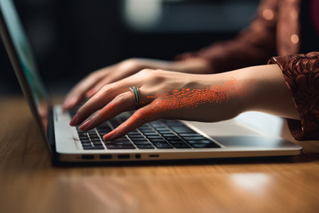 Efficient Technology: A Woman's Hand Typing Away on Laptop in the Officeの素材