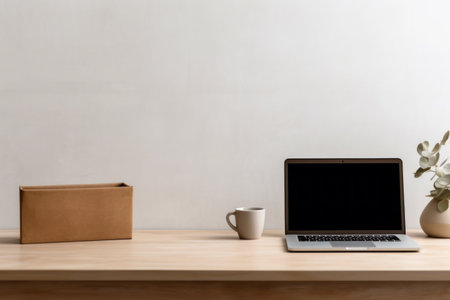 Simplicity and Productivity: A Minimalist Home Office with Laptop, Coffee, and Paper Sheetの素材