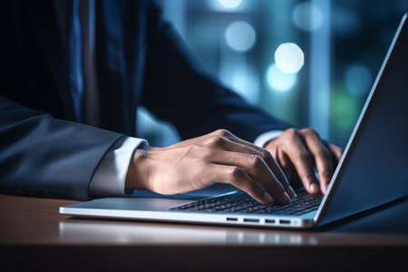 Efficiently Navigating the Digital Realm: A Young Office Manager's Skilled Touch on the Laptop Keypad âAR 3:2の素材