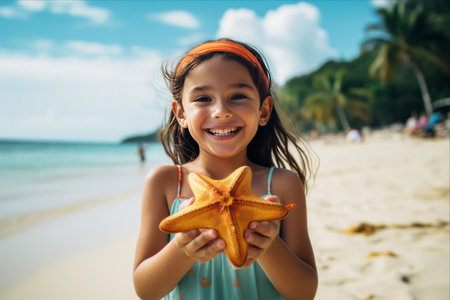 Beaming Little Explorer: Panama's Playful Starfish Catcher on the Beachの素材