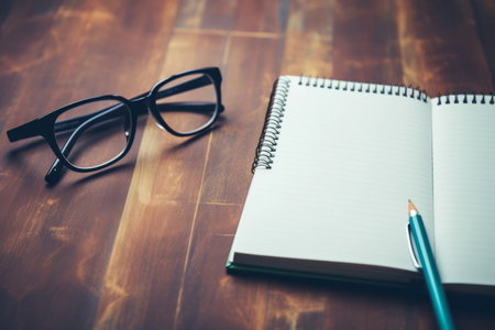 Glasses and Stickers Adorned Notepad: A Creative Compositionの素材