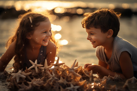 Joyful Kids Embrace Fun in the Sun with Starfish Adventures on the Beach - AR 3:2の素材