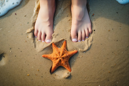 Magical Encounters: A Child's Feet Unearth a Starfish on the Sandy Shoreの素材