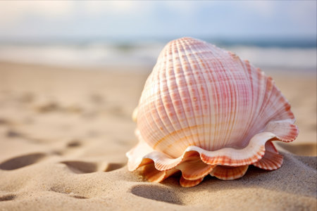 Seashore Treasures: The Magnificent Close-up of a Large Sea Shell on the Summer Beachの素材