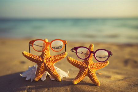 Embrace the Joy: Uncovering Treasured Memories amidst a Hilarious Starfish in Sunglasses on a Beach Vacationの素材