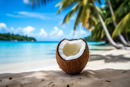Paradise in a Glass: Sipping Coconut Drink on a Sandy Beachの素材