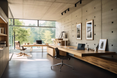 Sleek and Serene: A Modern Work Office with Concrete Walls and a Bright Wooden Deckの素材