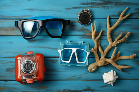 Exploring the Underwater Beauty: Snorkeling Essentials and Camera Capturing Adventure on Vibrant Color Wooden Background (3:2 Aspect Ratio)の素材