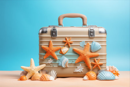Beach perspective: Exploring Summer Vibes with Suitcase, Beach Accessories, and Starfishes on a Colorful Backgroundの素材