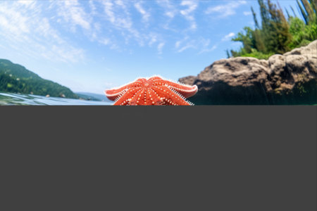 Captivating Underwater Snapshot: Vibrant Red Starfish and Sea Urchin Unite on Greek Rock Bedの素材