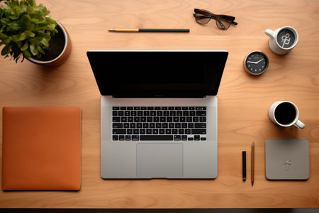 Harmonious Chaos: Captivating Top View of a Creative Workspace Desk with Laptopの素材