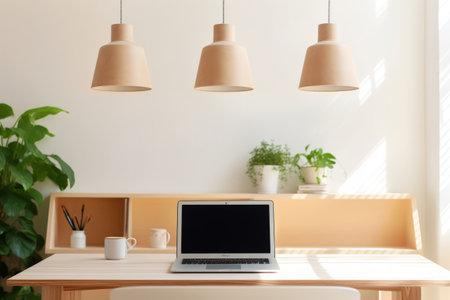 Aesthetic Minimalist Home: Inspiring Living Room Interior Design with Hanging Lamps and a Stylish Workspace featuring a Wooden Stand and Laptop. Perfect for Blogging, Web Presence, and Social Media. Embrace the Work-from-Home Lifestyle. [AR 3:2]の素材