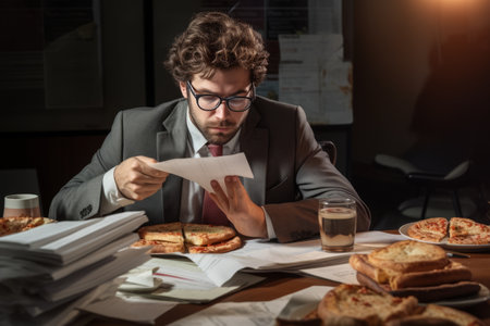 Balancing Work with Pleasure: Indulging in Pizza and Tea - An Adult Corporate Employee Takes a Breakの素材