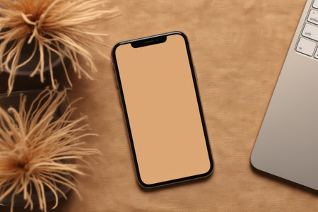 Minimalist Workspace: A Stylish Office Desk Setup with Mobile Phone Mockupの素材