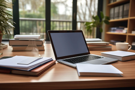 Organized Office: A Close-up of a Productive Workspace with Computer, Laptop, Notebook, and Documentsの素材