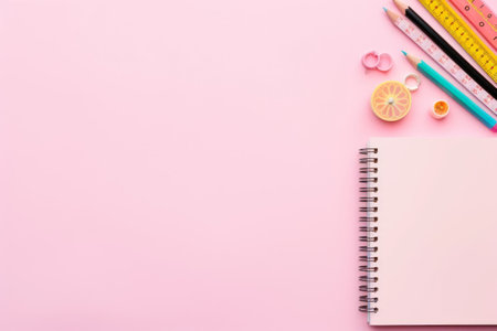 Colorful School Stationery: A Delightful Setup on Pink Background with Ample Copy Spaceの素材