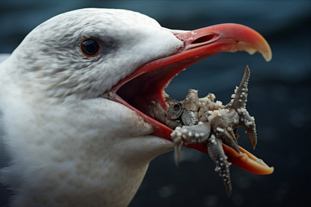 The Fascinating Feast: Intimate View of a Gull Devouring a Star Fish, Tongue in Actionの素材