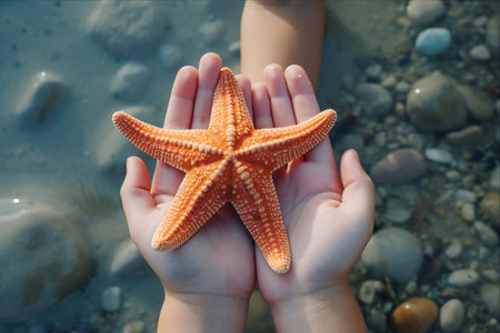 Magical Encounter: A Child's Hand Embracing a Starfishの素材