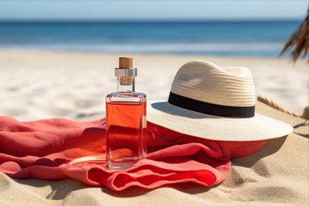Vibrant Summer Essentials: Hat, Towel, and Red Glasses, Captured in a Stunning Sandscape with an Oil Bottle - AR 3:2の素材