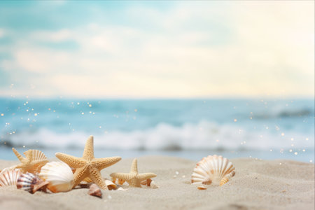 Tranquil Tide: Summer Sale On Seashells and Starfishes! A Serene Beachscape with Ample Copy Spaceの素材