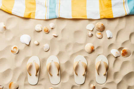 Beach Bliss: A Stunning Summer Vacation Flat Lay, Embellished with Beach Accessories and a Serene Oasis of Slippers, Sunscreen, and Seashells. Unleash your Wanderlust with this Travel and Tourism Concept! (Top View, AR 3:2)の素材
