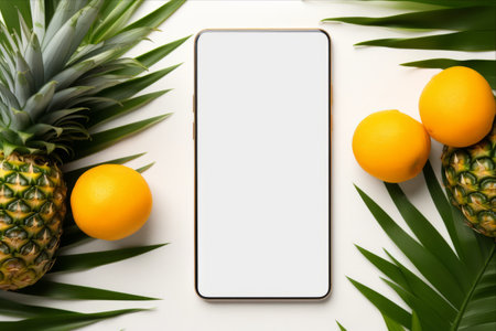 Beach Vibes: Exploring Summertime with Tropical Fruits and Smartphone Mockup Conceptの素材