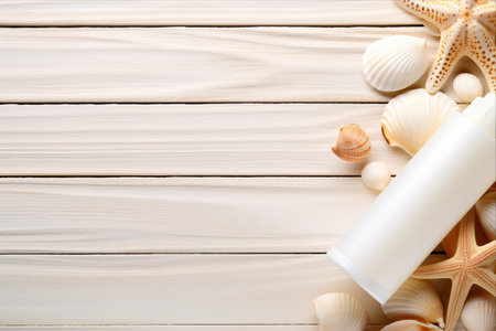 Beach-Ready: Sun Protection Cream Bottles adorned with Seashells on a Serene White Wooden Table - Ideal Travel Healthcare Accessories - Ultimate Shot from Above!の素材
