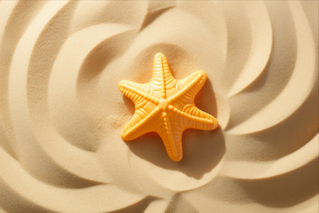 Protective Sun Care Essentials: Sunscreen, Starfish, and Inflatable Ring on Sandy Beach, Captured from a Top View - AR 3:2の素材