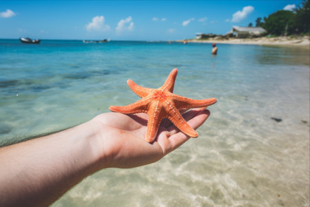 Captivating Harmony: A Local Man Embraces a Stunning Seastar on a Tropical Day in Cuban Paradiseの素材