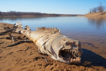 The Haunting Discovery: A Fish Skeleton on the River Bank of Grapevine Lake, Texasの素材