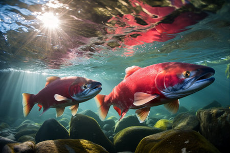 Feisty Female Sockeye Salmon Showdown: Intense Underwater Battle in Alaskan Streamの素材