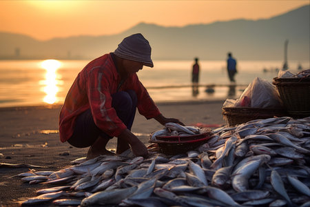 A Sea of Success: A Fisherman's Bountiful Catch Drying on Cilacap Beachの素材