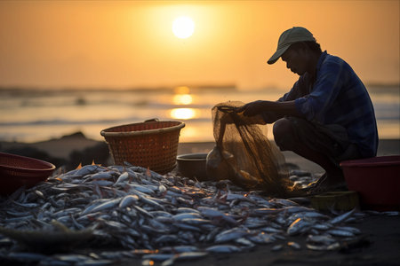 Cilacap Beach: Witnessing the Fruitful Endeavors of a Diligent Fisherman's Catch on December 22, 2018の素材