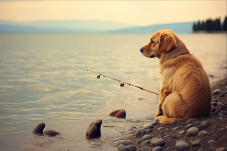 Beachside Bliss: A Patient Golden Retriever Puppy Observes Fishermen at Workの素材