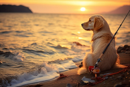 Beachside Buddy: A Patient Golden Retriever Puppy Watches Fishermen in Actionの素材