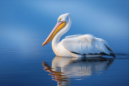 An Elegant Encounter: White Pelican and Black Swan Explore an Azure Lake for an Early Morning Fish Feastの素材