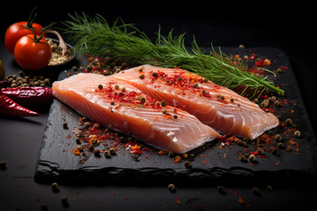 Flavorful Spices and Tomato Infused Red Fish Fillet on a Dark Boardの素材