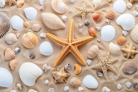 Sandy Beach Treasures: A Captivating Collection of White and Beige Seashells and Starfish, a Mesmerizing Generative AI -ar 3:2の素材