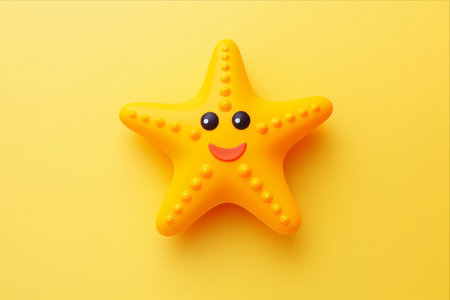Shining Starfish: Vibrant Toy in Top View, Stunning Yellow Backgroundの素材