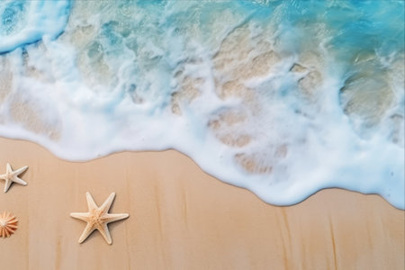 Captivating Coastal Splendor: A Generative AI's Magnificent Vision of Tranquil Waves, Sparkling Sands, and Enchanting Starfish at a Seaside Retreatの素材