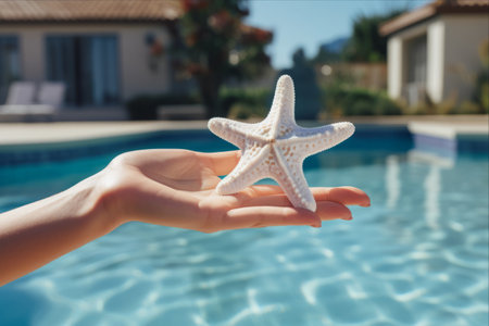 Serene Seascape: A Hand Adorns a White Starfish in a Captivating Poolside Oasisの素材