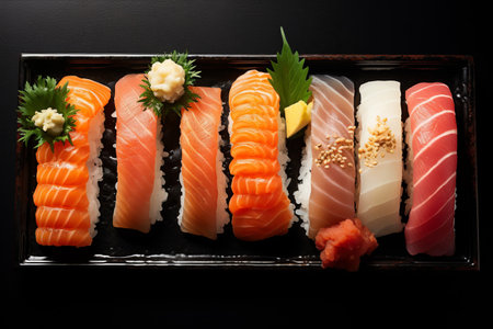 Savor the Flavors: Exploring a Spectacular Nigiri Sushi Assortment with Salmon, Tuna, and Shrimp - an Artistic 3:2 Perspectiveの素材