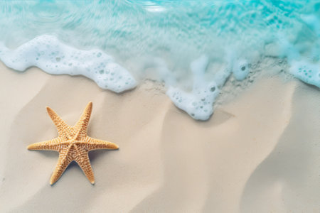 Tranquil Underwater Oasis: A Captivating Abstract Blue Sea Tropical Background With Starfish Flourishing on Sandy Shoresの素材
